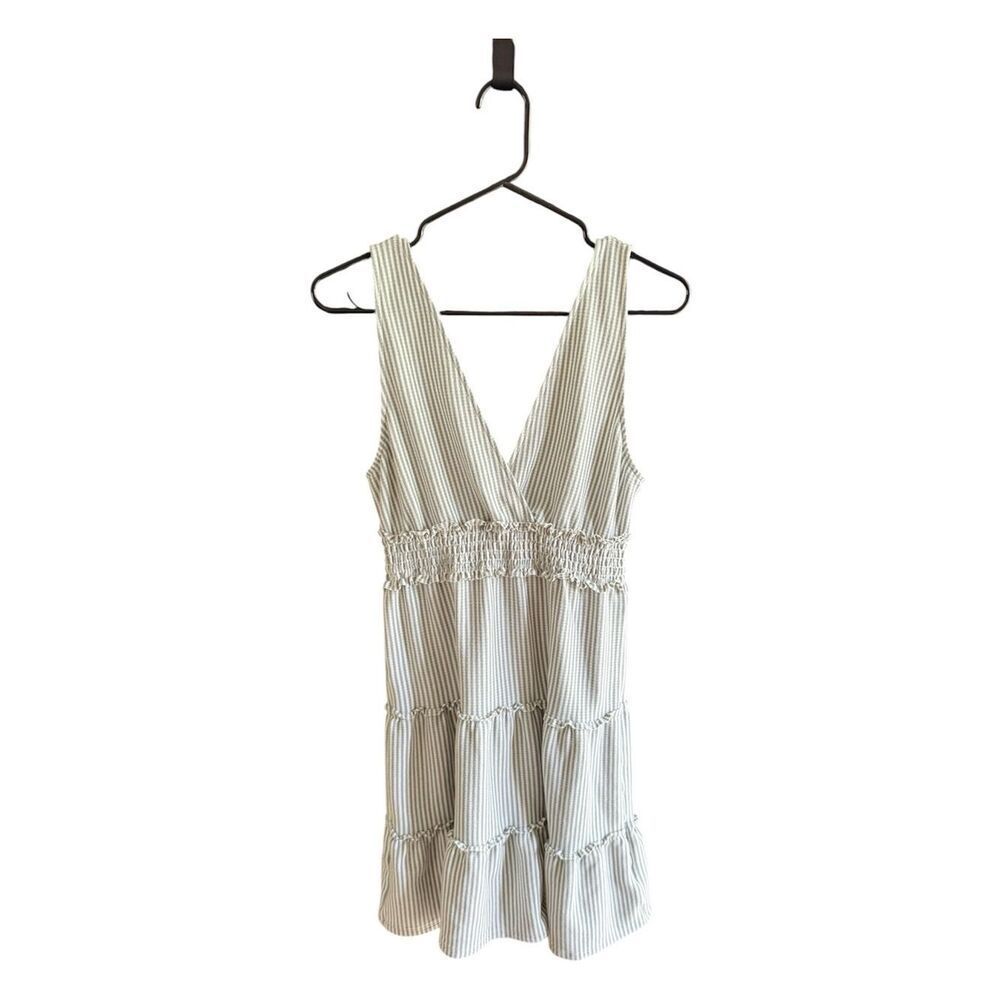 American Eagle Outfitters Cottagecore Green and White Striped V-Neck Mini Dress